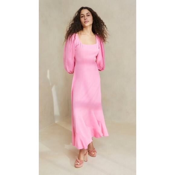 Loeffler Randall Carmina Bubblegum Pink Curve Puff Sleeve Midi Maxi Dress NEW - Picture 7 of 10